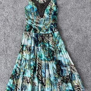 Reba Green Blue Tiered Beaded Embellish Sleeveless Cotton Midi Boho Dress US 4